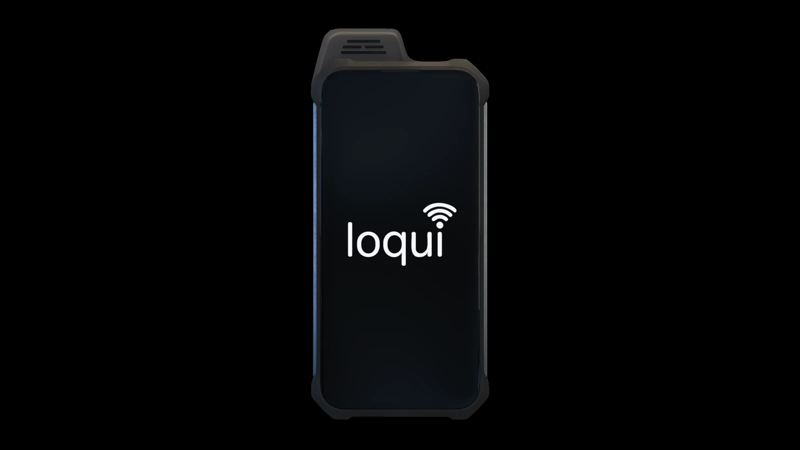 Front presentation of the Loqui rugged smart device with its brand mark on the display