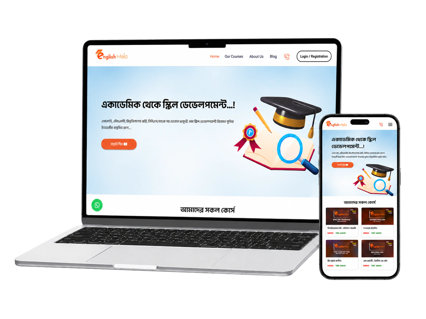 English Mela responsive homepage displayed on a laptop and smartphone