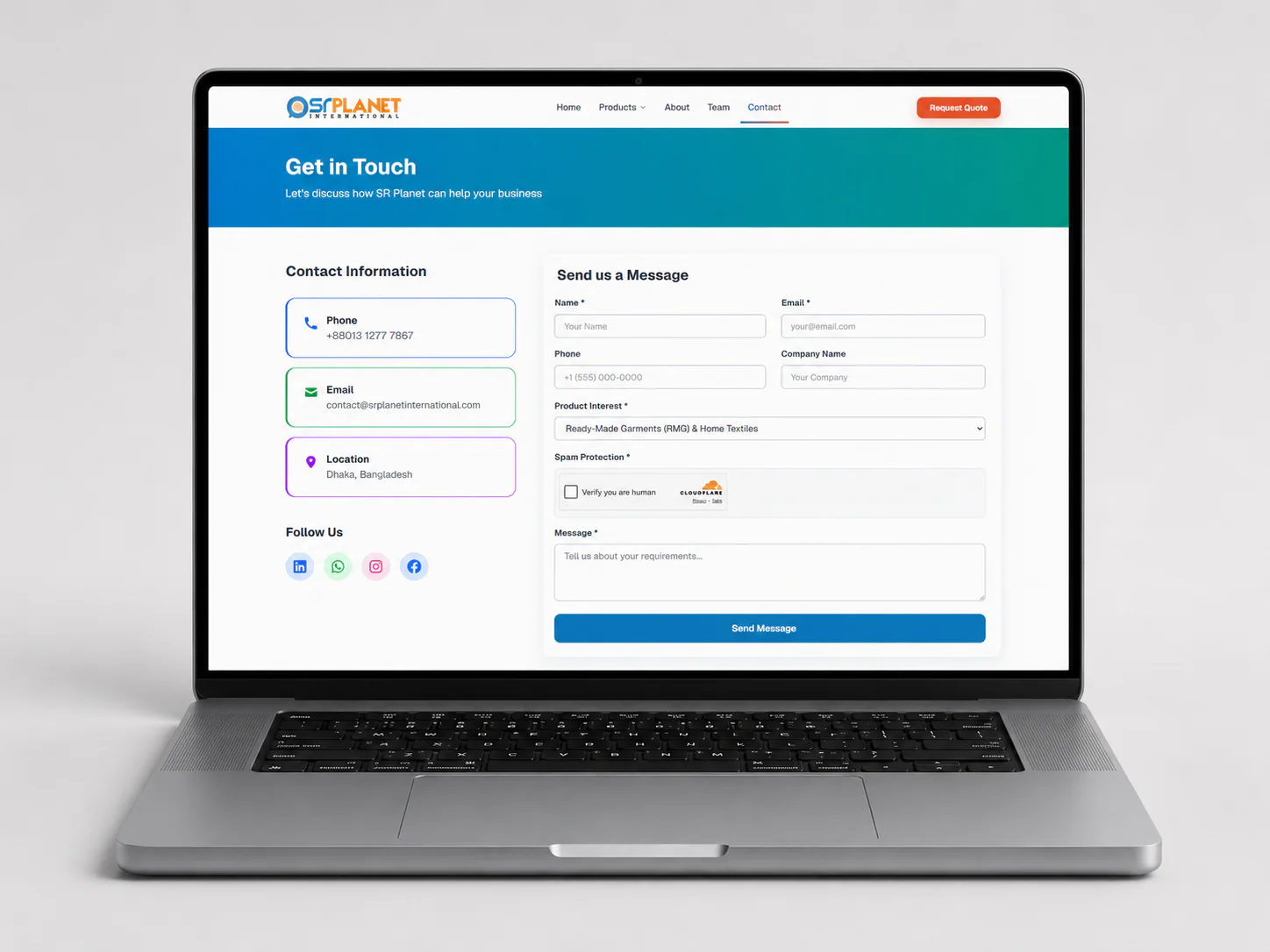 Contact and quotation page shown in a laptop mockup