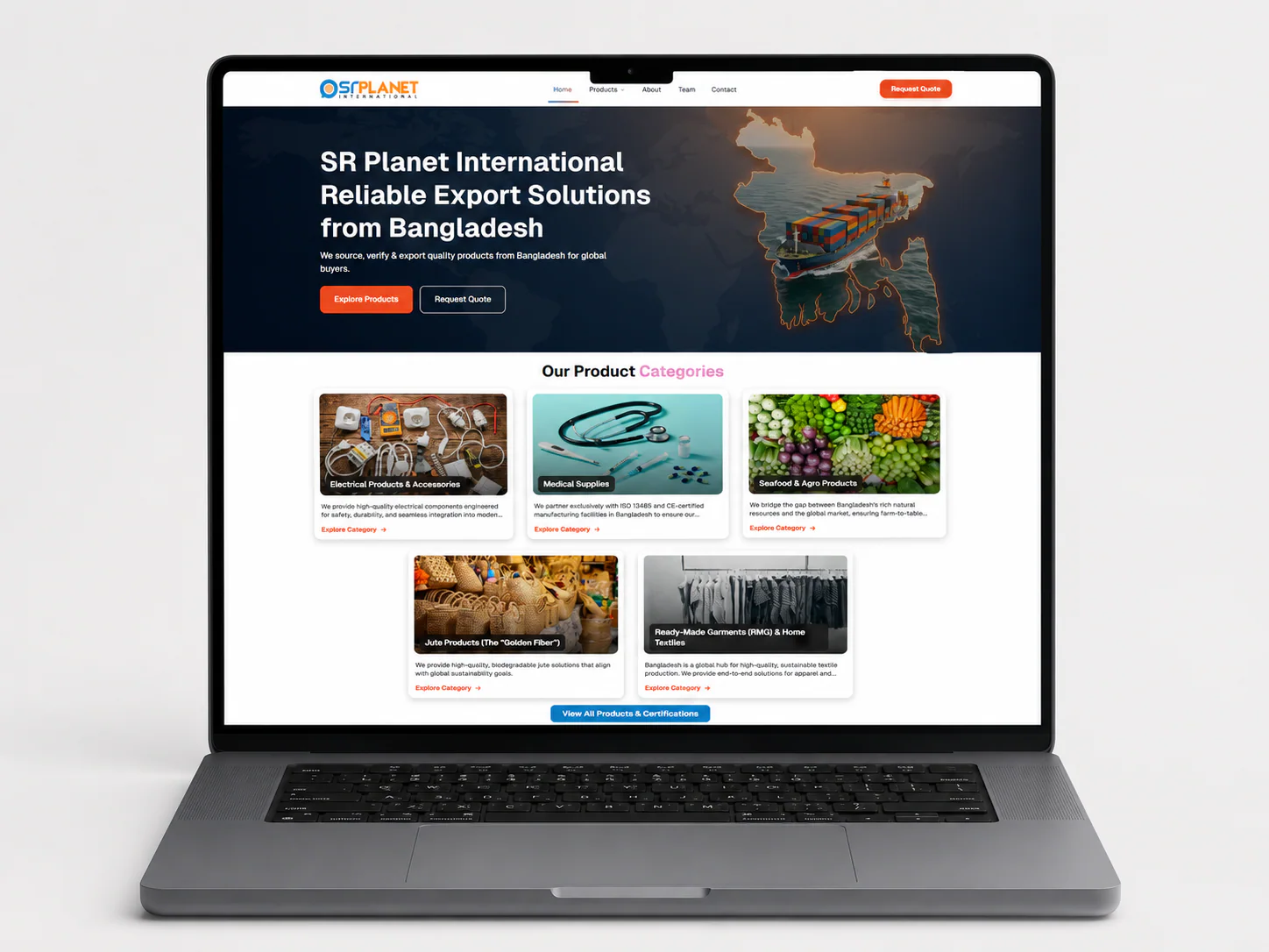 Homepage design shown in a laptop mockup