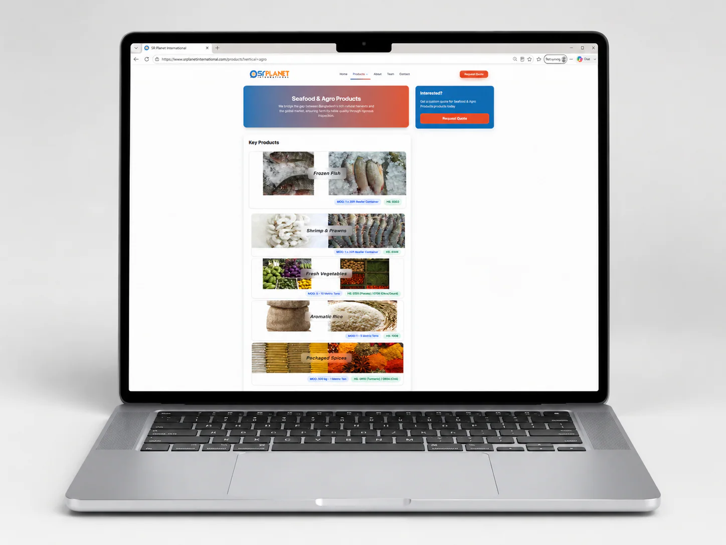 Product catalogue page shown in a laptop mockup
