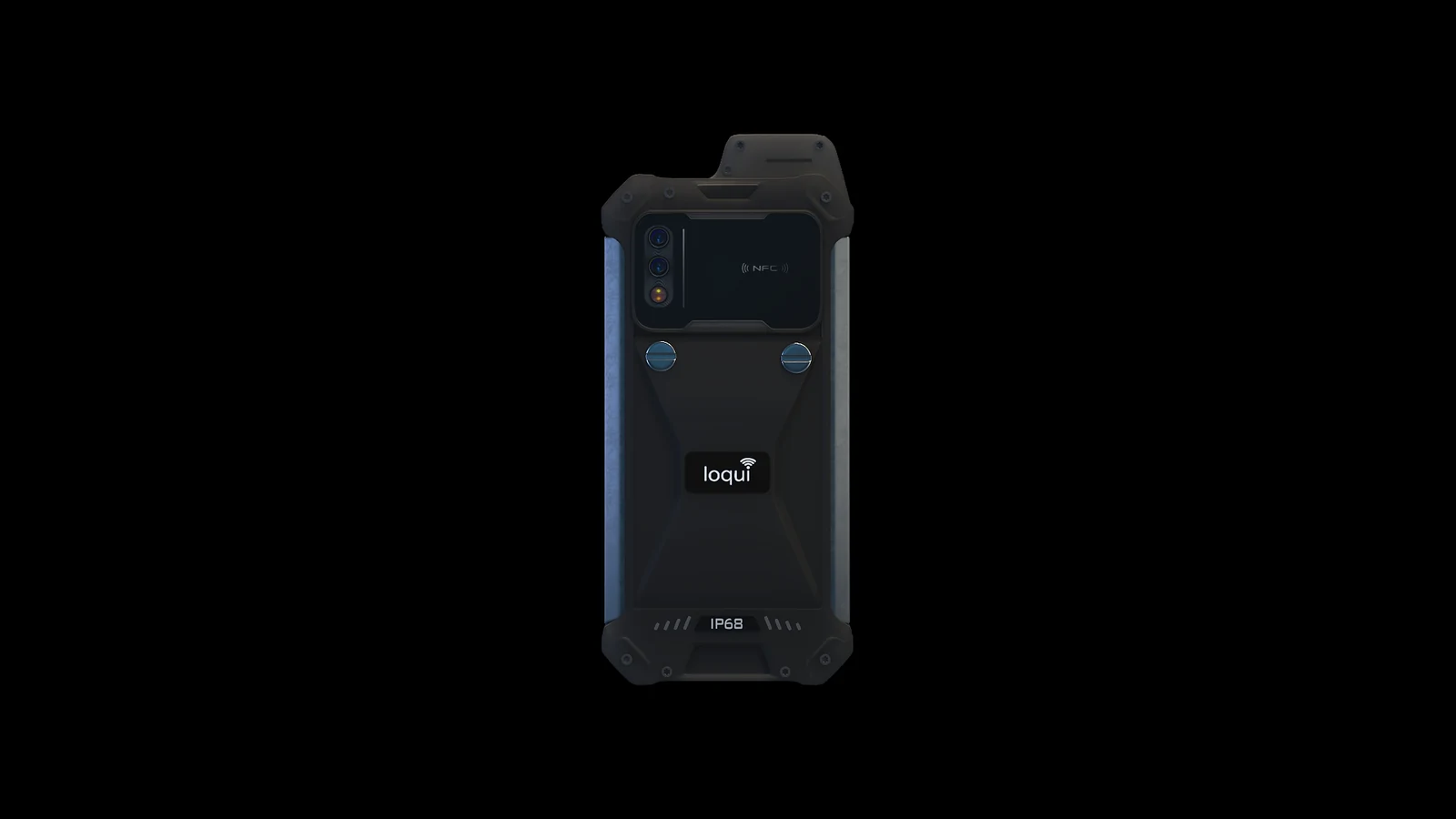 Rear view of the Loqui device showing its camera panel, fasteners, NFC area, metal rails, and IP68-marked frame